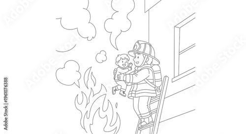 Firefighter Rescuing Child From Burning Building.