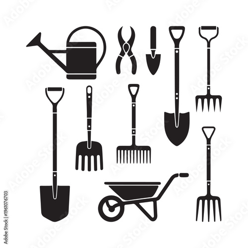 Vector set of garden tools and farm equipment icons including a shovel, rake, watering can and shears, isolated on a clean background. Flat vector illustration
