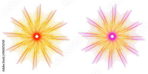 Geometric guilloche star patterns in orange and pink, intricate spirograph line art set, decorative mandala rosettes for certificate and security design isolated on Transparent Background