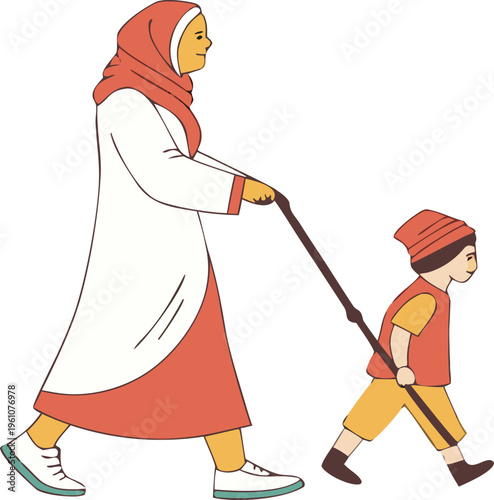 Muslim mother walking with her child, flat vector illustration of a woman in hijab and abaya with a young boy, diverse family concept