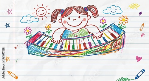 a cheerful drawing of a child playing a colorful piano, surrounded by flowers, a sun and clouds