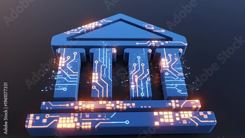 A 3D blue neoclassical building with glowing circuit board lines