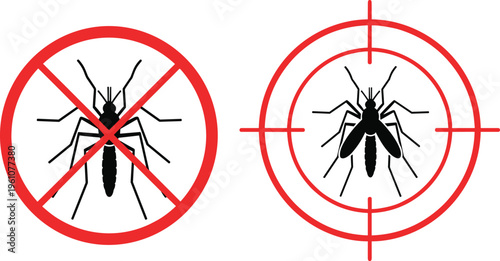 Mosquito prohibition and target symbol, vector illustration set, insect warning icons, pest control concept, black silhouettes with red signs, health protection and disease prevention design