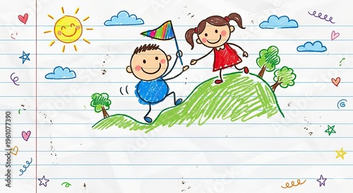 Two children joyfully playing on a green hill with a colorful flag, a symbol of adventure and friendship. The cheerful sun and clouds enhance the happy scene
