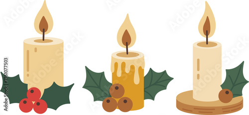 Christmas candle set vector illustration with holly berries and festive decor, winter holiday elements for seasonal design