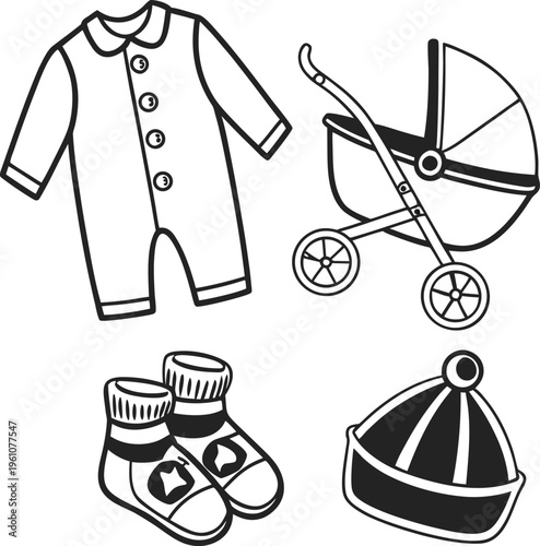 Baby Essentials Outline Vector Set: Romper, Stroller, Booties, Hat on transparent background