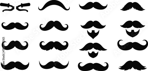 Mustache styles collection vector illustration, vintage hipster facial hair set, barber design elements, classic moustache silhouettes, grooming icons isolated on white background