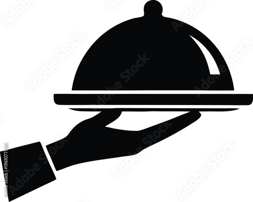 Waiter hand serving food cloche tray flat silhouette icon vector