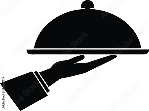 Waiter hand holding food cloche tray service vector icon