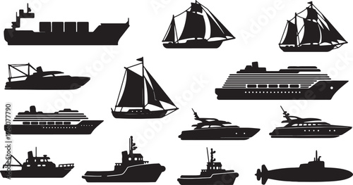 Diverse collection of iconic maritime and naval vessels in silhouette style