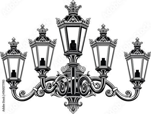 Ornate vintage wall street lamp vector illustration, decorative classic lantern design, antique iron lighting fixture, elegant baroque style streetlight isolated on white background