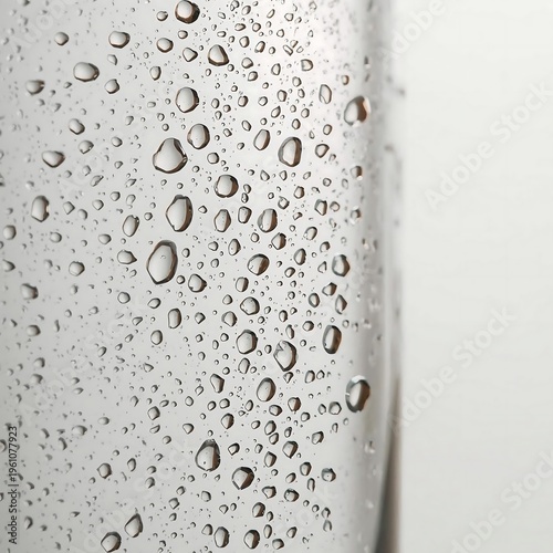 Macro photograph captures numerous clear condensation droplets clinging to the cool surface of a glass container.