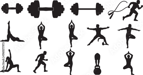 Diverse collection of exercise and fitness icons showcasing various workout activities