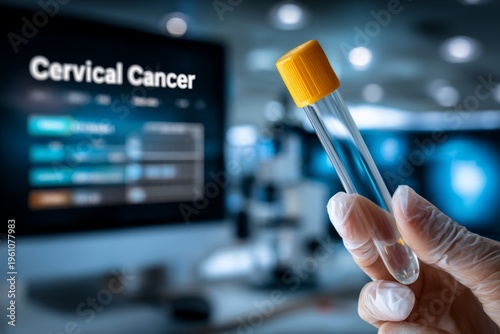 Scientist hand in glove holding a medical test tube for cervical cancer screening and hpv diagnosis in a blurred high tech laboratory research background