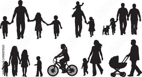 Diverse family silhouettes engaging in various activities together