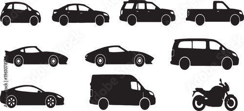 Assorted black silhouette vehicles including cars, trucks, and a motorcycle