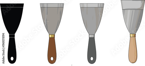 Putty knife and scraper set with different handles and blades, construction tools for wall repair and painting vector illustration collection