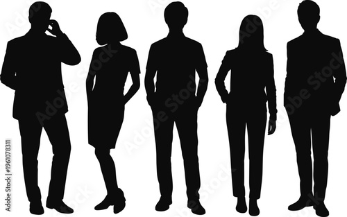 Diverse group of professional business people silhouettes standing together on white background representing teamwork corporate leadership successful collaboration modern office career concepts