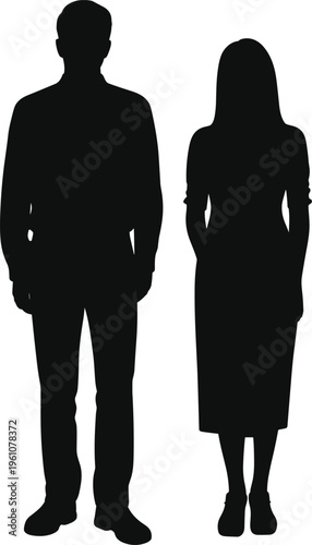 Black silhouette of a young professional man and woman standing together on white background representing diversity partnership teamwork business fashion and human relationship concepts