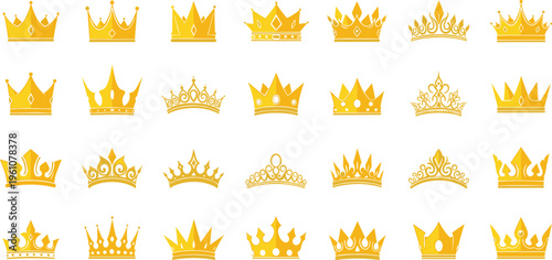 Golden crown collection with royal tiaras and king crowns, luxury monarchy symbols set with decorative elements vector illustration