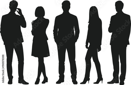 Group of professional business people silhouettes standing in a row on white background representing teamwork diversity corporate leadership collaboration and modern office career community