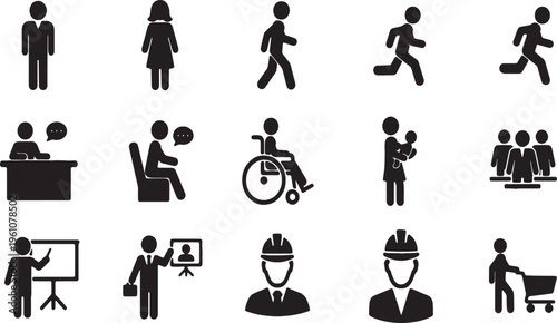 Collection of diverse icons representing various human activities and professions