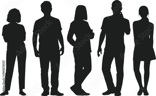 Diverse Group of Five People Silhouettes Standing in Casual Poses Isolated on White Background for Professional Business Team and Community Graphic Design Projects
