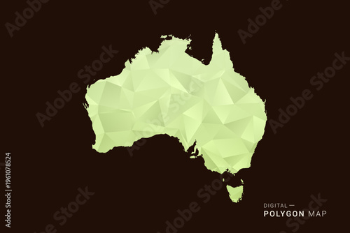 Australia Map - Low poly polygon map in soft light green gradient on dark brown background, modern minimal geometric style, clean abstract vector illustration design.