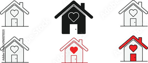 A collection of six simple house icons varying in color with heart shaped details symbolizing love and home high quality professional