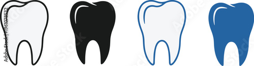 Four isolated tooth illustrations showcase varying color schemes white black light blue outline and solid blue high quality professional detailed modern