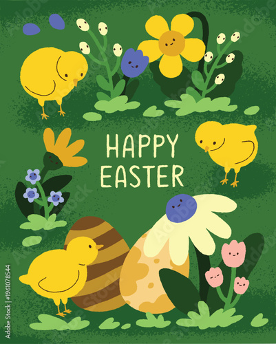 Joyful Easter illustration with adorable baby chicks, colorful eggs, and blooming spring flowers on a vibrant green meadow, perfect for festive holiday greetings and celebrations