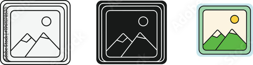 Three variations of a square icon depicting mountains and a circular element showcasing different color schemes high quality professional detailed modern