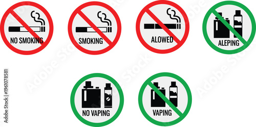 A collection of circular prohibition signs displaying restrictions on smoking and vaping in various contexts high quality professional detailed modern elegant