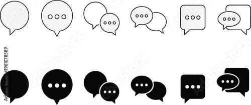 A collection of black and white speech bubbles and message icons depicting various communication styles and formats high quality professional detailed
