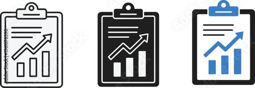 Three variations of a clipboard icon displaying a line graph and bar chart showcasing data analysis concepts high quality professional detailed