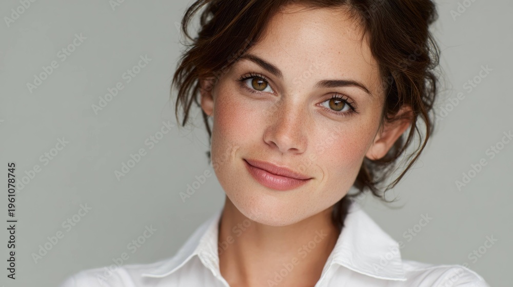 Fototapeta premium Young woman with natural makeup and brown hair smiling gently looking at camera in studio portrait with soft lighting and neutral background, wearing white shirt.