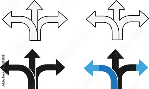 A set of four directional arrows showcasing variations in color and orientation depicting choices and pathways high quality professional detailed modern