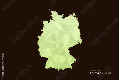 Germany Map - Low poly polygon map in soft light green gradient on dark brown background, modern minimal geometric style, clean abstract vector illustration design.