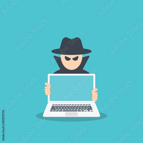 Cyber Hacker with Laptop Vector Illustration, Online Fraud Attack, Data Breach Security Threat, Identity Theft Crime, Anonymous Cybercriminal, Internet Privacy Risk Concept