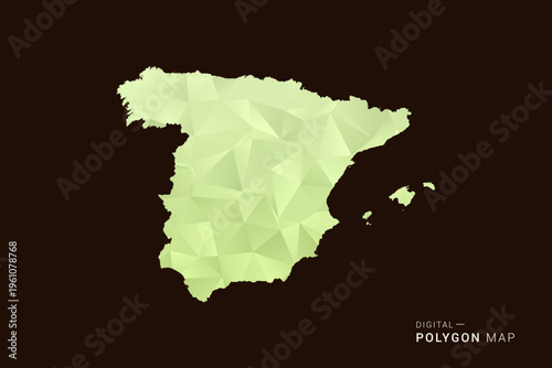 Spain Map - Low poly polygon map in soft light green gradient on dark brown background, modern minimal geometric style, clean abstract vector illustration design.