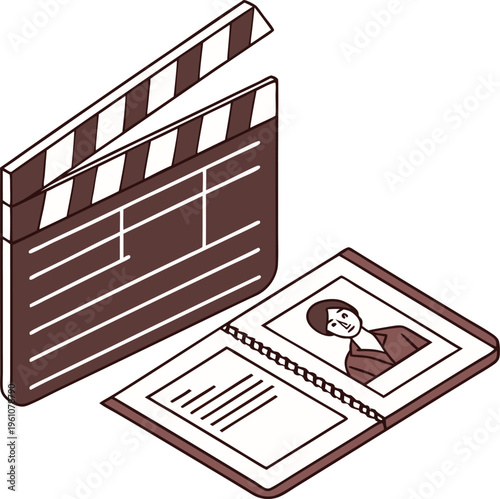 Isometric movie clapperboard and actor portfolio book, film production equipment with casting headshot, cinema industry vector illustration
