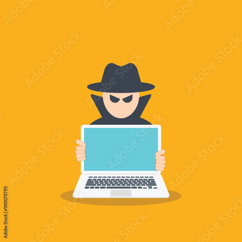 Cyber Hacker with Laptop Vector Illustration, Online Fraud Attack, Data Breach Security Threat, Identity Theft Crime, Anonymous Cybercriminal, Internet Privacy Risk Concept