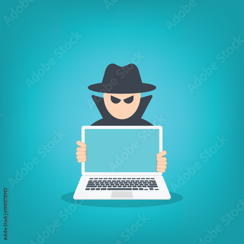 Cyber Hacker with Laptop Vector Illustration, Online Fraud Attack, Data Breach Security Threat, Identity Theft Crime, Anonymous Cybercriminal, Internet Privacy Risk Concept