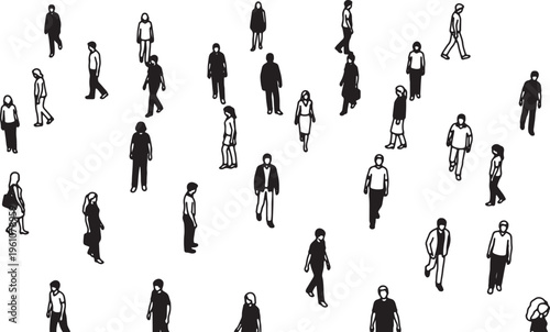 Diverse silhouettes of people in various casual and formal attire walking and standing