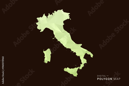 Italy Map - Low poly polygon map in soft light green gradient on dark brown background, modern minimal geometric style, clean abstract vector illustration design.