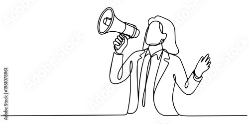 Hand drawn cartoon dog and abstract cat with people using megaphone for announcement