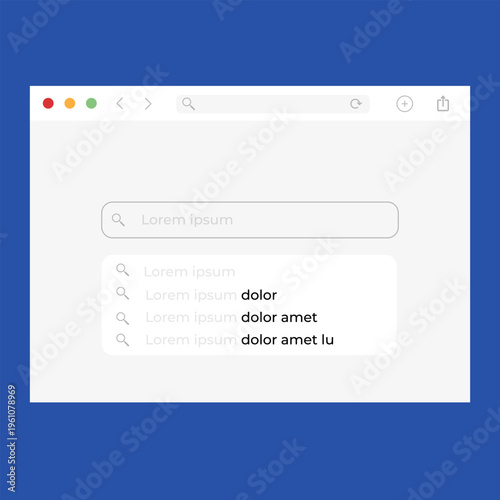 Search Bar with suggestions for UI UX design and web site. Google search bar shadow on blue background. Light mode