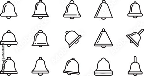 Diverse styles of bells and a snow shovel in minimalist line drawings