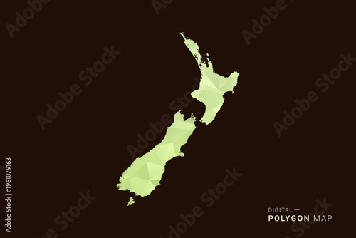 New Zealand Map - Low poly polygon map in soft light green gradient on dark brown background, modern minimal geometric style, clean abstract vector illustration design.