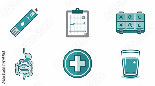 Health Related Icons Collection Showing Medical Care Monitoring and Daily Wellness Routine